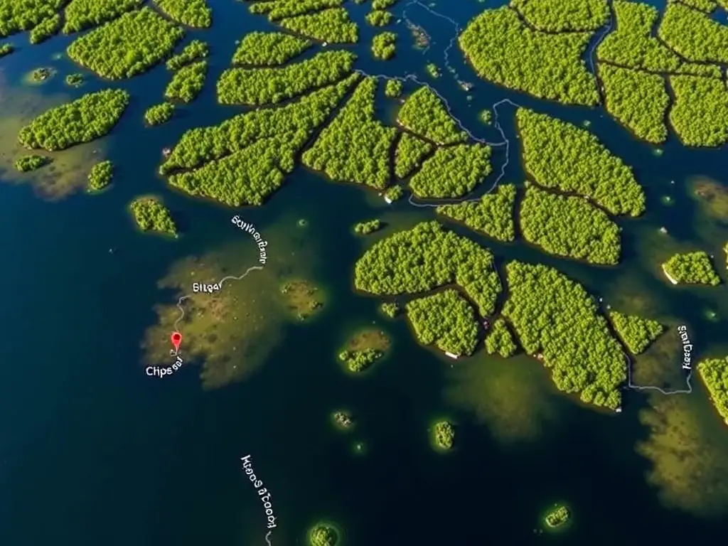 An aerial shot of mangrove flats in the Florida Keys, with GPS coordinates marking strategic fishing spots within the intricate network of waterways.