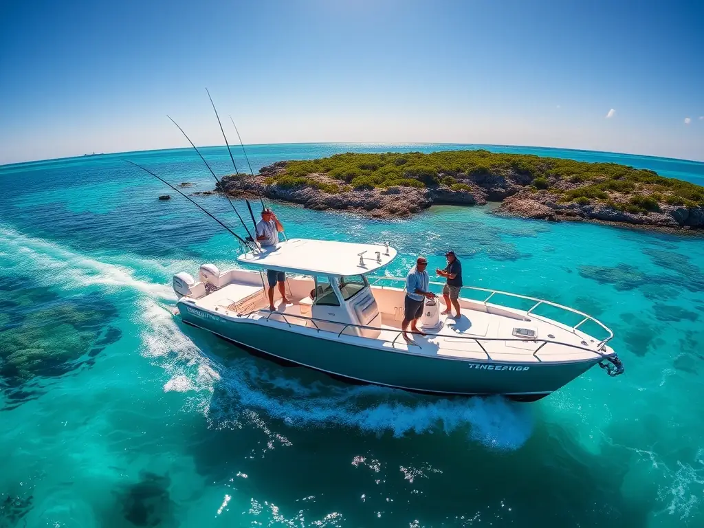 A high-resolution photograph of a sport fishing boat navigating through crystal-clear turquoise waters near a vibrant coral reef in the Florida Keys. The sun is shining brightly, and several anglers are visible on deck, actively fishing.