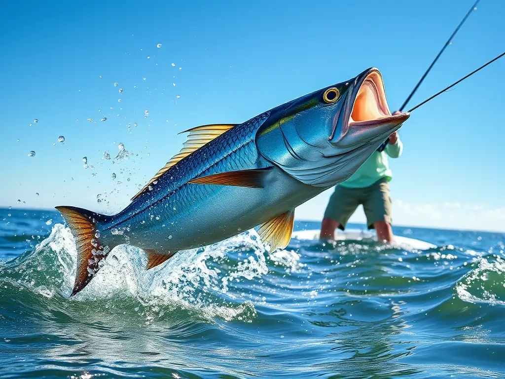 A dynamic image of a Tarpon leaping out of the water during a fight, with a fisherman in the background. The image should capture the power and excitement of inshore fishing.