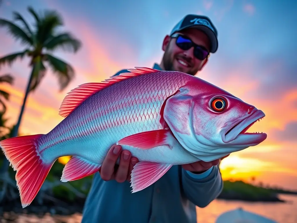 A close-up photograph of a fisherman proudly holding a freshly caught Snapper, showcasing its vibrant colors and impressive size. The background features a picturesque sunset over the Florida Keys, with palm trees silhouetted against the colorful sky.