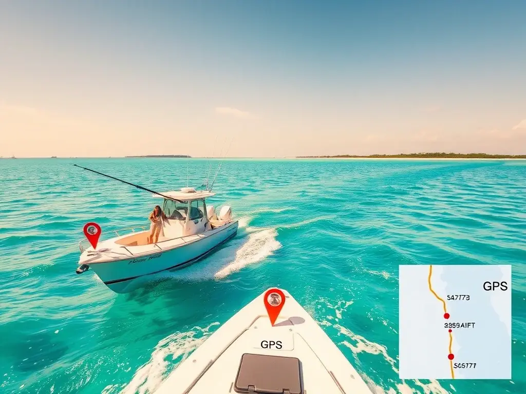 A high-resolution image of a boat navigating through crystal-clear waters in the Florida Keys, with GPS waypoints overlaid on the scene, highlighting potential fishing locations.