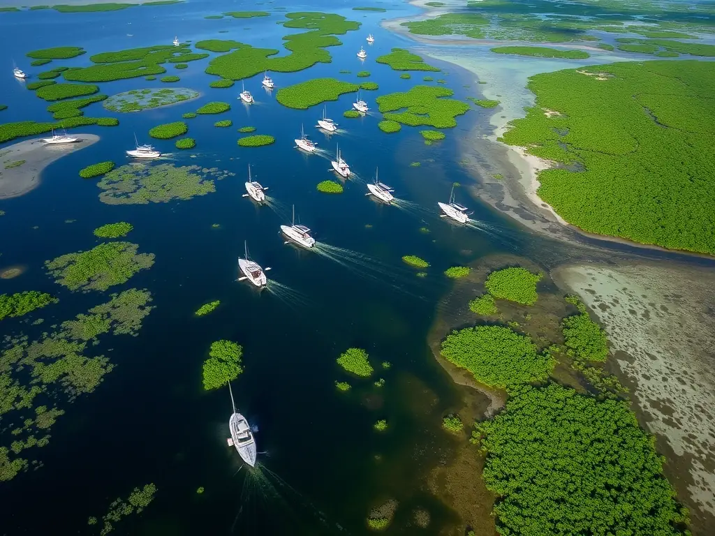 A captivating aerial shot of a shallow, mangrove-lined coastline in the Florida Keys, showcasing the intricate network of waterways and the lush green vegetation. Several small fishing boats are scattered throughout the scene, actively pursuing inshore species.