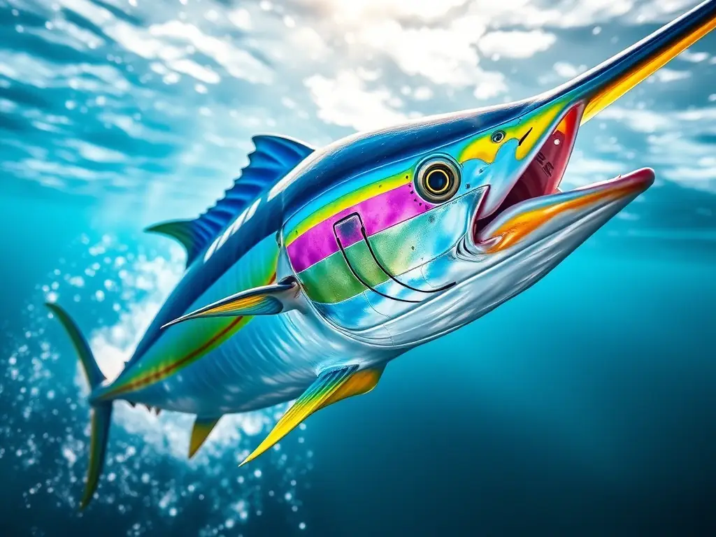 A vibrant, close-up photograph of a Mahi-Mahi, showcasing its iridescent colors and streamlined body, in its natural ocean habitat. The image should convey the excitement of deep-sea fishing.