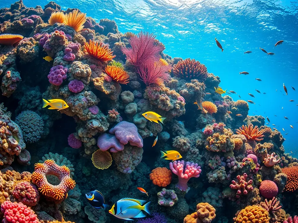 A vibrant image showcasing a diverse coral reef teeming with marine life in the Florida Keys, with GPS coordinates pinpointing the reef's location.