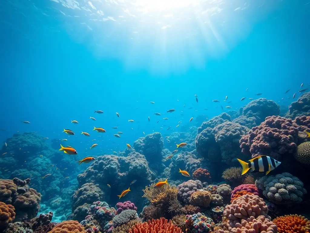 A high-resolution image of a large Grouper resting on a vibrant coral reef, surrounded by smaller fish. The image should highlight the beauty and biodiversity of the reef ecosystem.